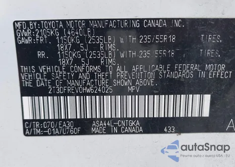 2017 Toyota Rav4 Platinum z USA, uszkodzony, nr VIN 2T3DFREV0HW624025